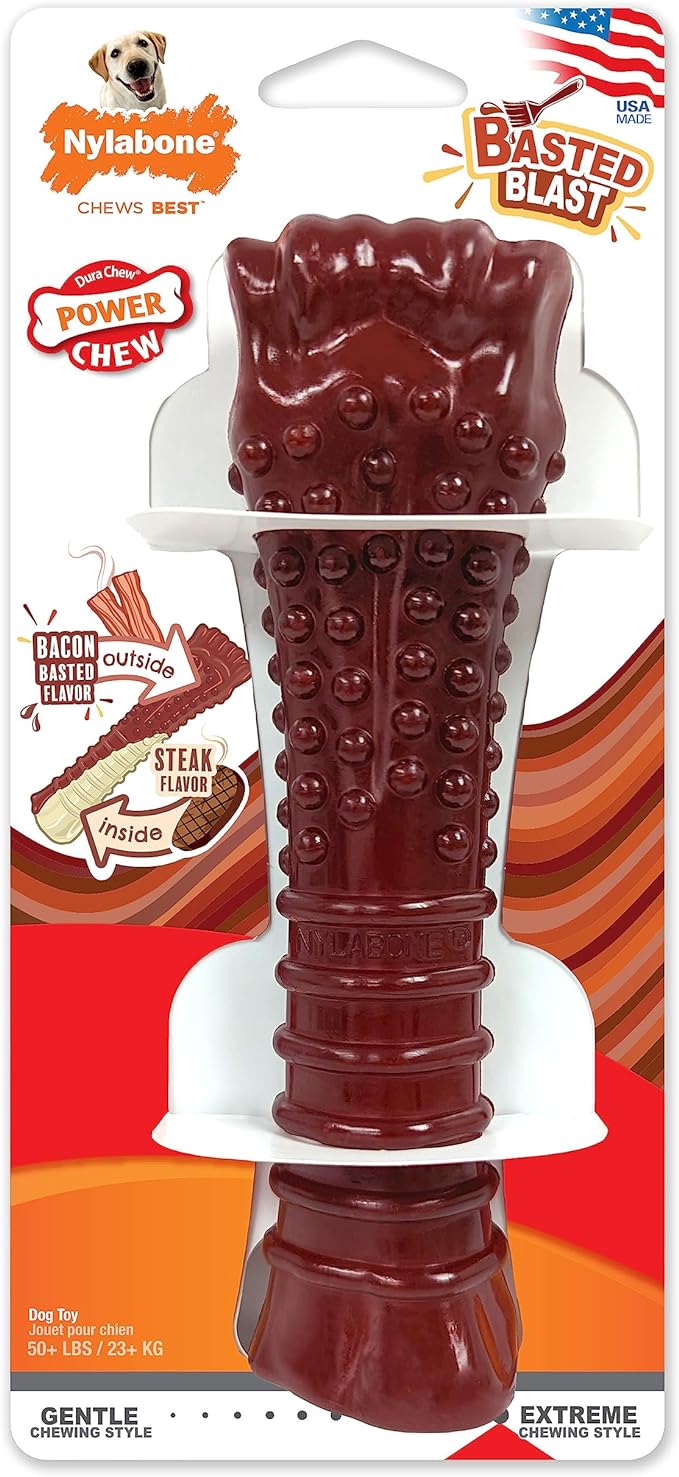 Nylabone Power Chew Basted Blast Dual Flavored Dog Chew Toys for Aggressive Chewers - Durable Dog Bones with 2 Layers of Flavor - Bacon and Steak Flavor, X-Large/Souper (1 Count)