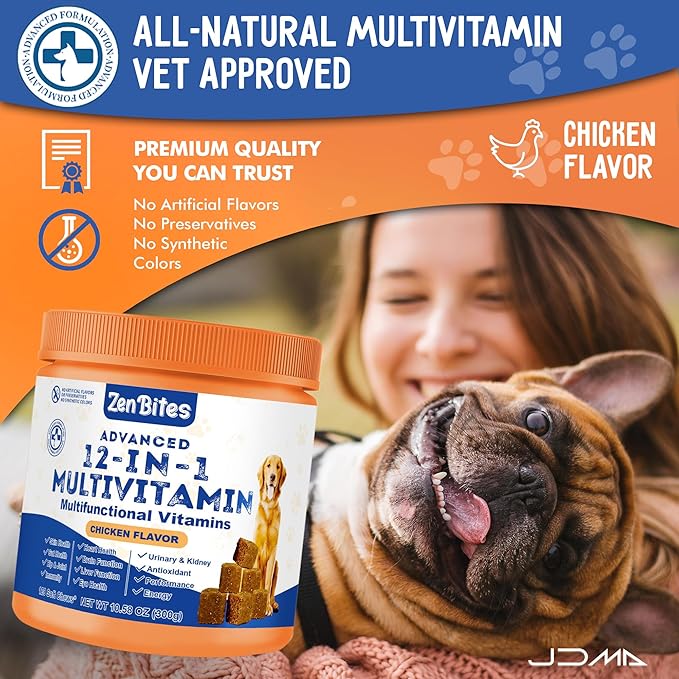 12-in-1 Dog Vitamins & Probiotics 120 Soft Chews - Organic Multivitamin with Glucosamine for Dogs - Joint Support Supplement for Dogs of All Ages,Sizes, & Breeds,Supports Skin,Heart,Immunity