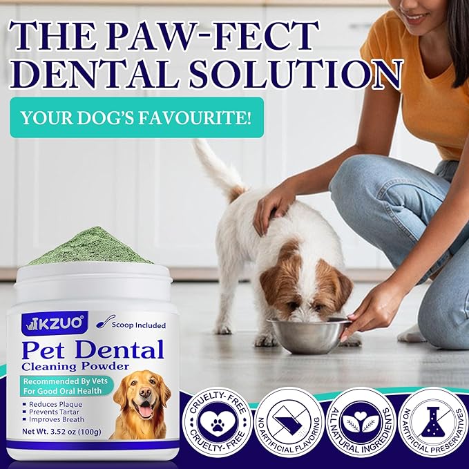 Dog Dental Powder - Dog Teeth Cleaning Powder - Dog Dental Care - Targets Tartar & Reduces Plaque & Bad Breath - Teeth Cleaning Made Easy Eliminate - Formulated for Small, Medium, Large Dogs