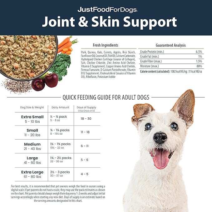JustFoodForDogs Pantry Fresh Wet Dog Food, Complete Meal or Dog Food Topper, for Joint Health, Skin Health, Allergies, Joint & Skin Support, Pork & Quinoa - 12.5 oz (Pack of 12)