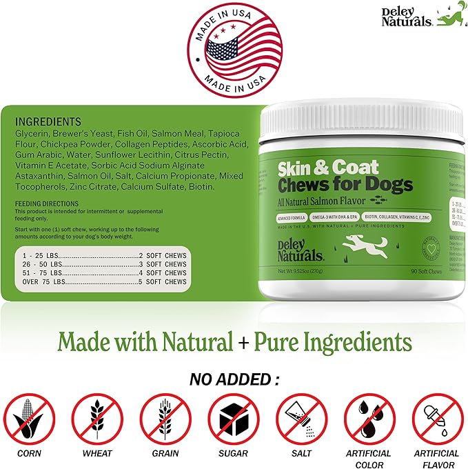 Deley Naturals Omega Skin and Coat Chews, Omega 3 Fish Oil with DHA & EPA, Biotin, Collagen, Vitamins C, E, and Zinc, Supports Shiny Coat, Allergies, Itching, Salmon Flavor, 90 Chews—Made in The USA