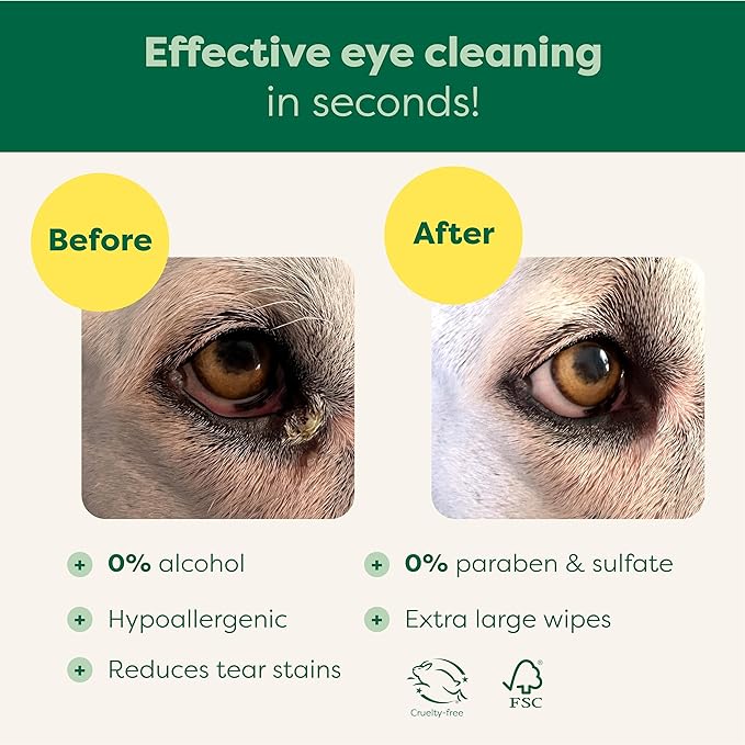 Earth Rated Pet Eye Wipes, Hypoallergenic Eye Wipes for Dogs & Cats to Remove and Reduce Tear Stains & Eye Discharge, Fragrance Free, 70 Count