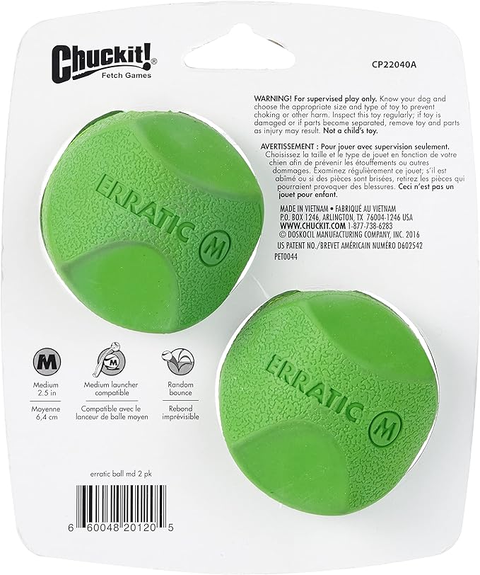 Chuckit Erratic Ball Dog Toy, Medium (2.5 Inch), Pack of 2 Indoor and Outdoor Dog Toy