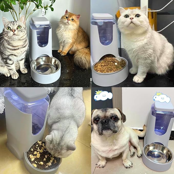 Hamiledyi Gravity Dog Feeder 2.8L Pets Automatic Food Dispenser with Stainless Steel Bowl for Puppy Cat Rabbit Large capacity (Light grey)