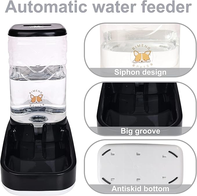 Automatic Dog Cat Gravity Food and Water Dispenser Set with Pet Food Bowl for Small Large Pets Puppy Kitten Rabbit Large Capacity(Black, 3.8L)
