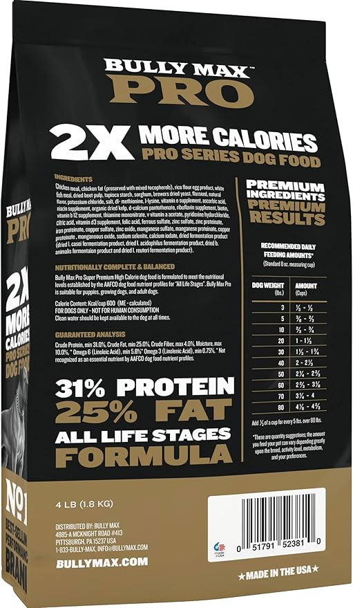 Bully Max Pro 2X High Calorie & High Protein Dry Dog Food for Puppy and Adult Dogs - Healthy Weight Gain & Muscle Building Support for Small & Large Breeds - Slow-Cooked, 600 Calories/Cup, 16 lbs