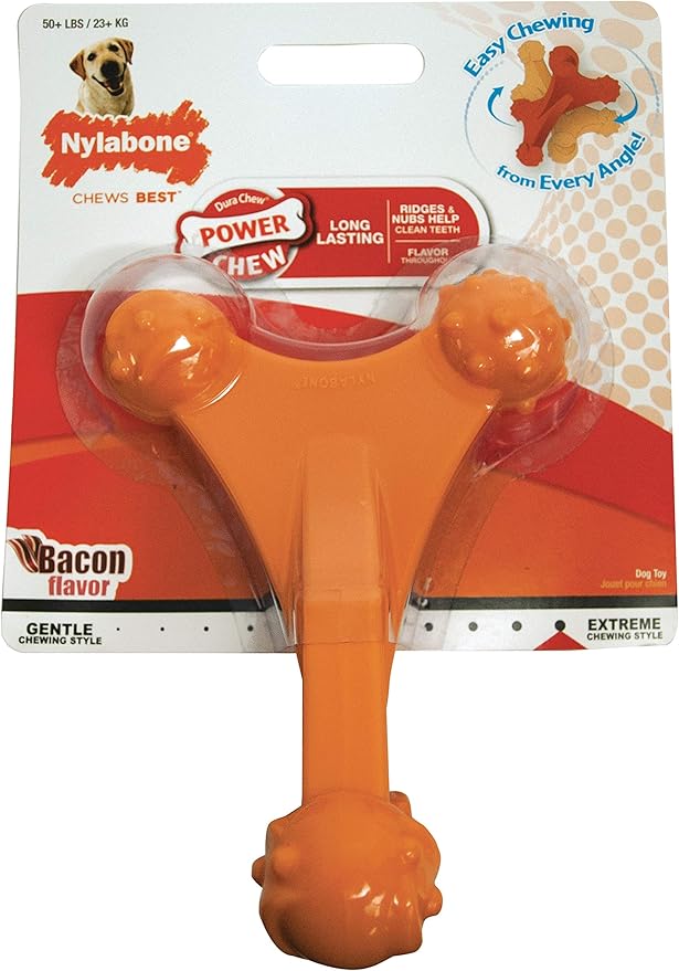 Nylabone Power Chew Axis Bone Chew Toy for Dogs, Dog Toys for Aggressive Chewers, Bacon Flavor, X-Large/Souper - 50+ lbs. (1 Count)