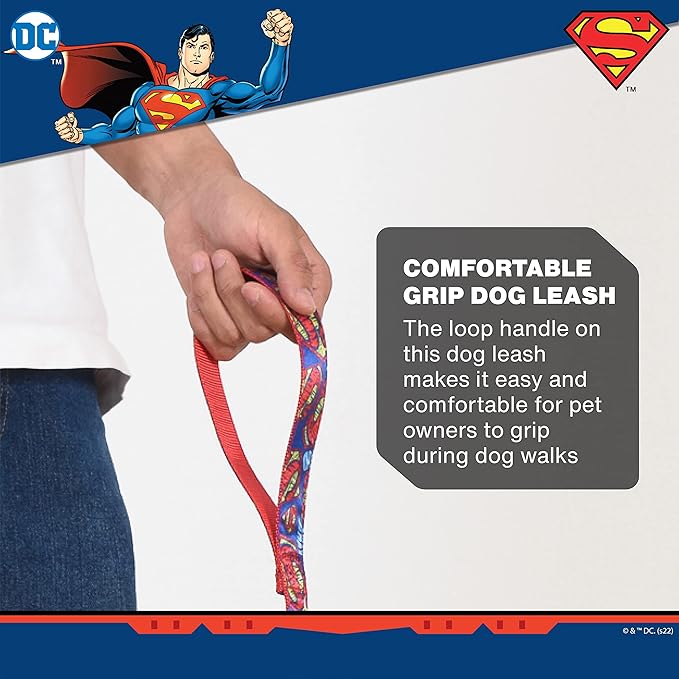 DC Comics Superman 4 Foot Dog Leash (48 inch) | Cute Red and Blue Dog Leash Easily Attaches to Any Dog Collar or Harness | Superman 4 Ft Dog Leash for Dog Walks