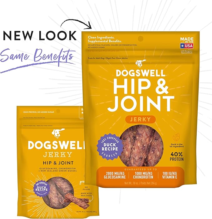 DOGSWELL Jerky Hip and Joint Dog Treats Grain Free Made in USA Only, Glucosamine and Chondroitin, 10 oz Duck (842194)