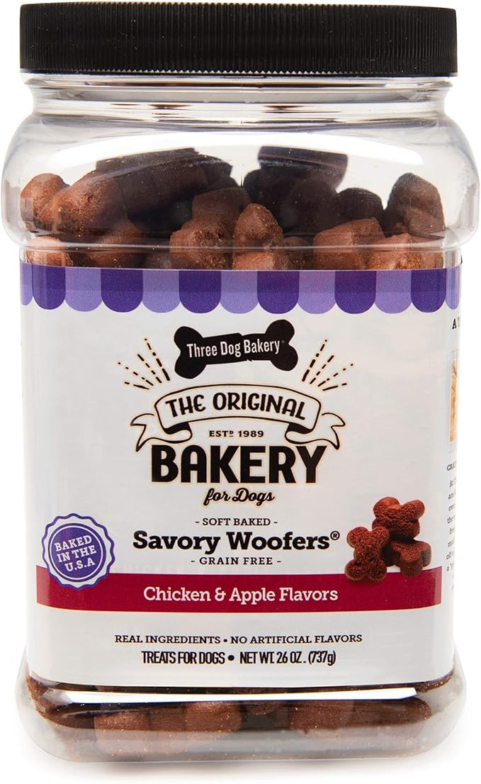 Three Dog Bakery Soft Baked Grain Free Meaty Woofers, Chicken and Apple Flavor, Premium Treats for Dogs, Brown, 1.62 Pound (Pack of 1)
