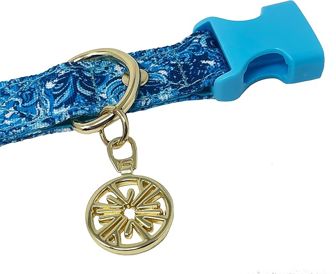Lilly Pulitzer M/L Adjustable Blue Puppy Dog Collar, Cute Heavy Duty Canvas Collar with Snap Closure and Ring for Leash/Tag, Mermazing