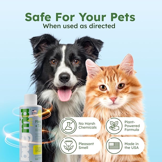 BugMD Flea and Tick Concentrate (3.7 oz)- Essential Oil-Powered Formula, Controls Fleas, Ticks, Mites in Dogs, Cats, and Other Furred Animals, Spray on Pet Beds, Kennels