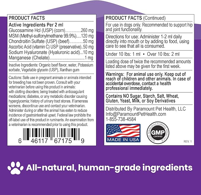All Natural Glucosamine for Dogs - 260mg Glucosamine for Small Dogs - Liquid Dog Joint Supplement & Dog Glucosamine - Safe Joint Supplement for Dogs