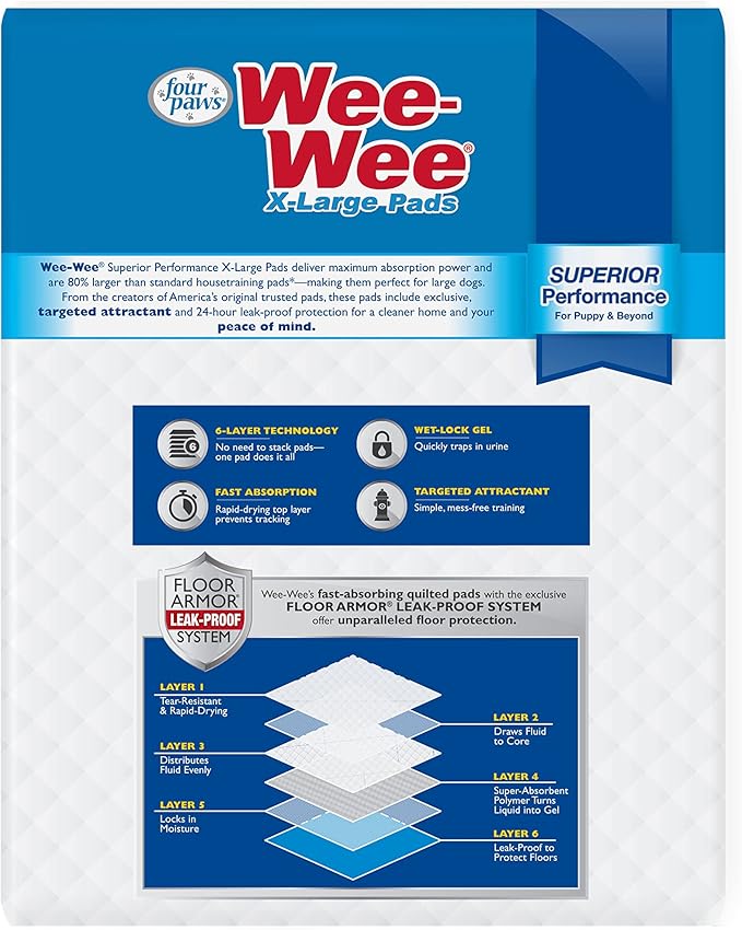 Four Paws Wee-Wee Superior Performance XL Pee Pads for Extra Large Dogs, Leak-Proof Floor Protection Dog & Puppy Quilted Potty Training Pads, Unscented, 28" x 34" (21 Count)