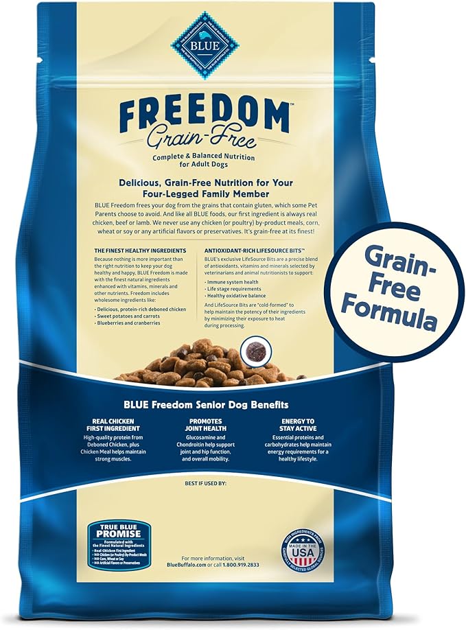 Blue Buffalo Freedom Grain-Free Senior Dry Dog Food, Provides Energy To Stay Active, Made in the USA With Natural Ingredients, Chicken & Potatoes, 4-lb. Bag