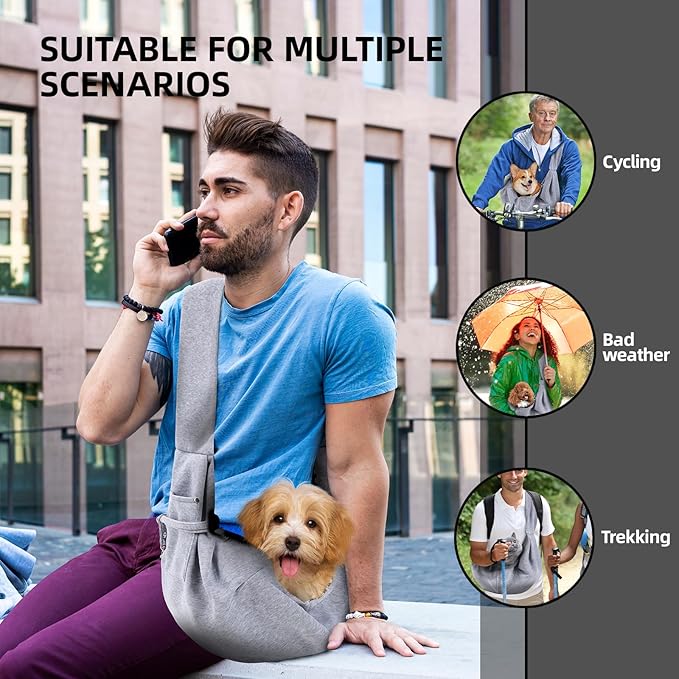 Dog Carrier Sling - Reversible Puppy Carrier Purse with Storage Pocket, Hand-Free Dog Sling Carrier for Carry Small Dogs and Cats,Travel Safety Harness, Dog and cat Harness (Gray)
