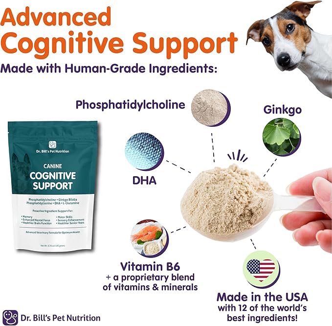 Dr. Bill’s Canine Cognitive Support | Memory Support Supplement Multivitamin for Dogs | Contains Gingko Biloba, L-Carnosine, Vitamin B-12, L-Glutamine, L-Tyrosine, and DHA for Adult and Senior Dog