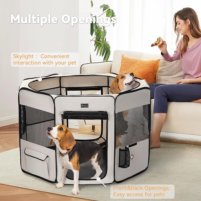 PETSFIT Dog Playpen, 45.5" Sturdy Pop Up Dog Kennel Foldable Dog Pen Indoor Outdoor Puppy Playpen for Medium Dogs Cats with Traveling Bag Zipper Sealed Removable Mesh Top Leakproof Bottom Mat Beige L