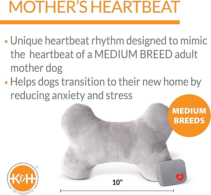 K&H Pet Products Mother's Heartbeat Calming Dog Toy Bone Pillow Gray Medium Breed Heartbeat 10 Inch