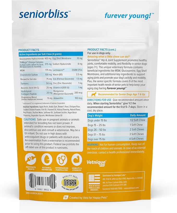 Vetnique Seniorbliss Senior Dog Joint Supplement with Glucosamine and Chondroitin for Dogs Joint Support and Healthy Cartilage Development - for Small & Large Breeds (Hip & Joint Chew, 30ct)