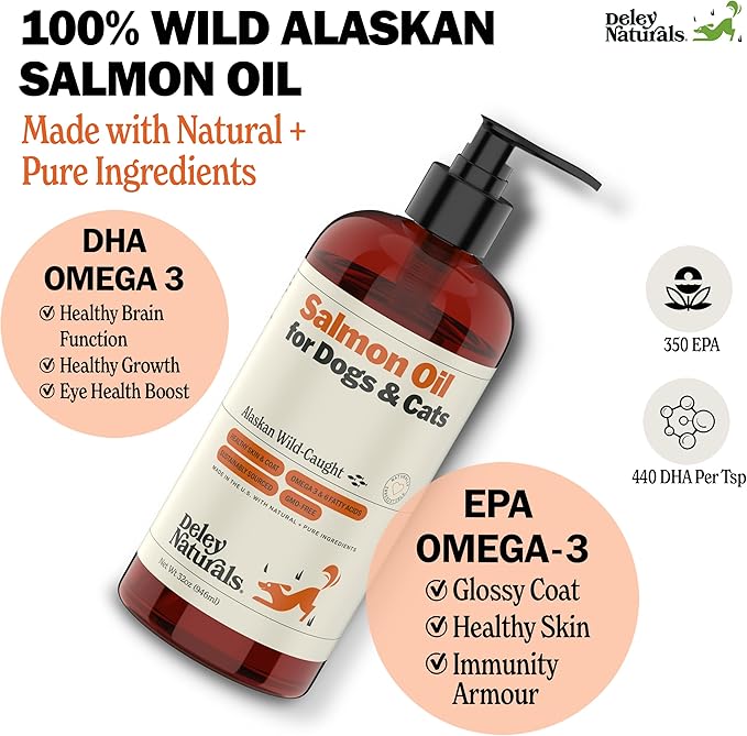 Deley Naturals Premium Alaskan Wild Caught Salmon Oil for Dogs and Cats - Omega-3 Rich Fish Oil Supplement for Healthy Skin, Coat, and Joints - All-Natural, Sustainably Sourced - 32 Oz