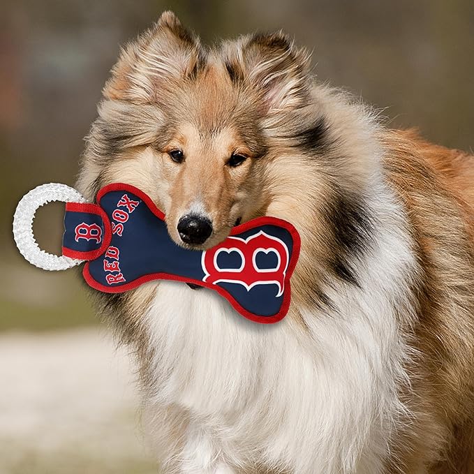 MLB Boston Red Sox Bone Shaped Dental Dog TUG Toy with Squeaker. Tough PET Toy for Healthy Fun, Teething, and Cleaning pet's Teeth and Gum.