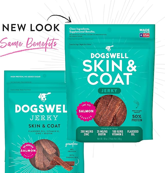 Dogswell Skin and Coat Grain-Free Salmon Jerky for Dogs, 10 Ounces, Model: 842225