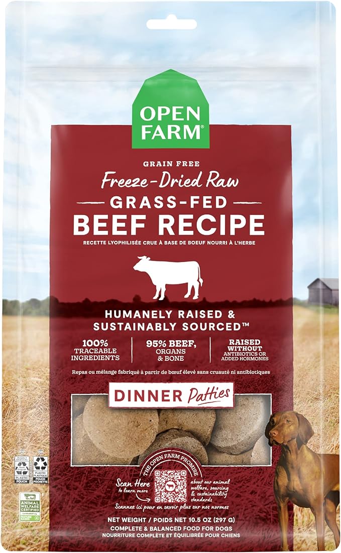 Open Farm Freeze Dried Raw Patties for Dogs, Humanely Raised Meat Recipe with Non-GMO Superfoods and No Artificial Flavors or Preservatives, Grass Fed Beef Recipe, 10.5oz