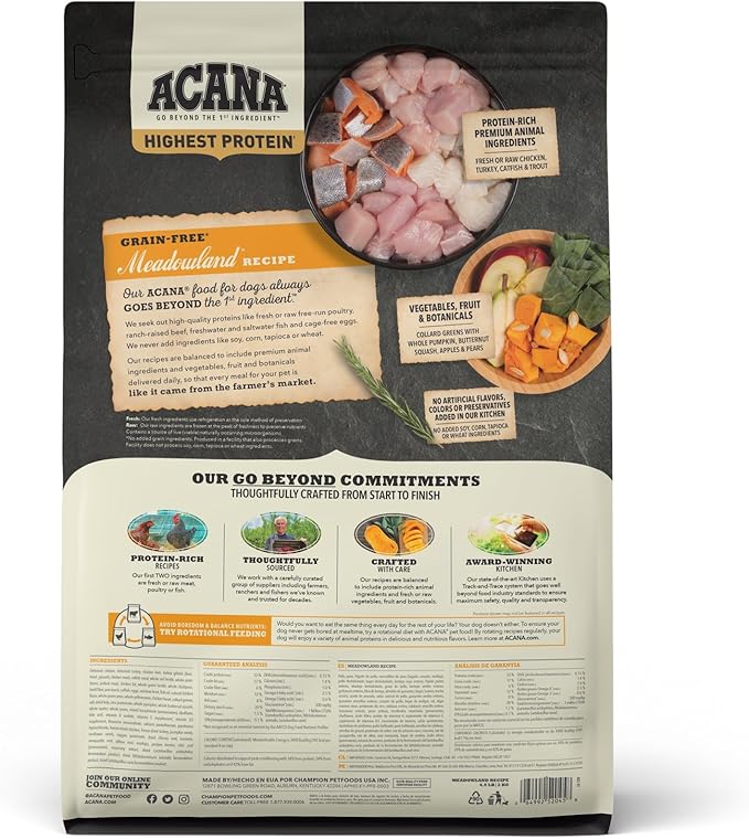 ACANA Highest Protein Dry Dog Food, Meadowland, Chicken and Turkey Recipe, 4.5lb