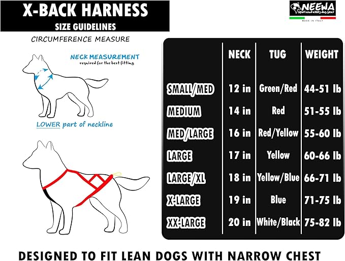Neewa X-Back Racing Harness - Medium/Large, Red | High-Performance, Reflective Gear for Slim, Long-Bodied Dogs | Suitable for Canicross, Skijoring | Neck 16in, Chest 30in, Back 24in
