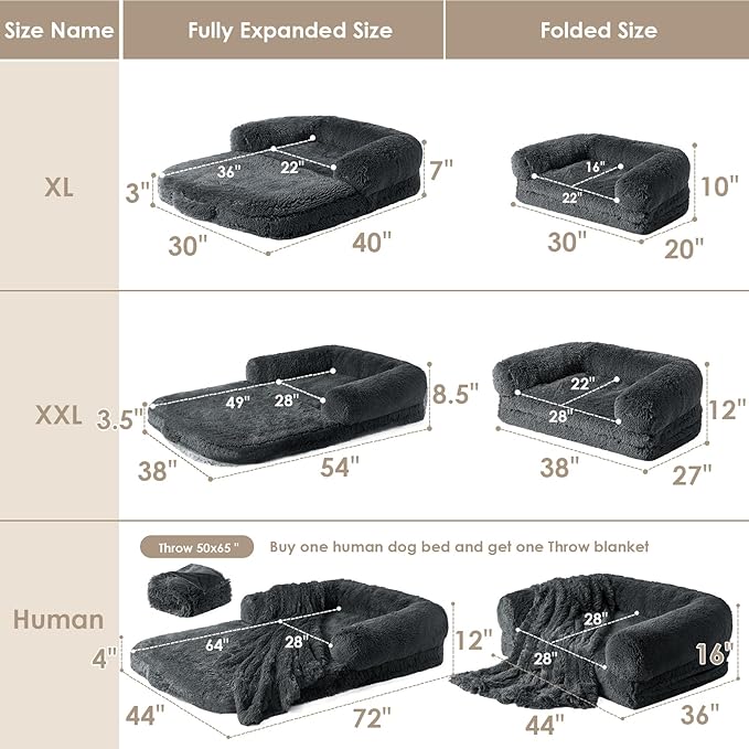 EHEYCIGA Foldable Human Dog Bed for Adult, Orthopedic Memory Foam Dog Bed for Humans, Waterproof Human Dog Bed for People, Faux Fur Human Sized Dog Bed, Dark Grey, 72"x44"x12"