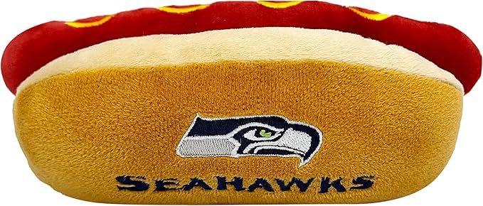 Pets First NFL Seattle Seahawks HOT Dog Plush Dog & CAT Squeak Toy - Cutest HOT-Dog Snack Plush Toy for Dogs & Cats with Inner Squeaker & Beautiful Football Team Name/Logo 8 x 5 x 3 Inches