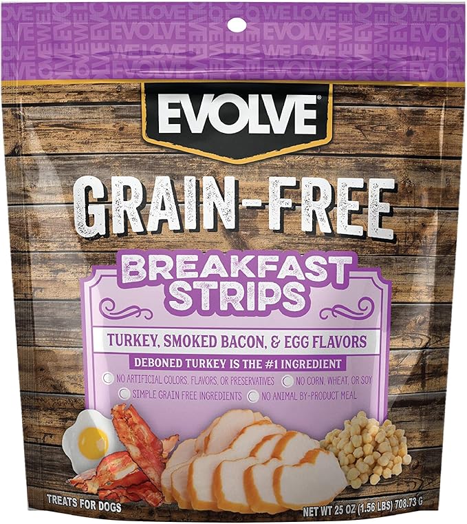 Evolve Grain Free Turkey, Bacon and Egg Flavored Breakfast Strips Dog Treats, 6oz