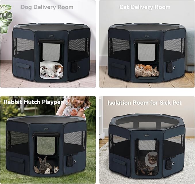 PETSFIT Dog Playpen, 45.5" Sturdy Pop Up Dog Kennel Foldable Dog Pen Indoor Outdoor Puppy Playpen for Medium Dogs Cats with Traveling Bag Zipper Sealed Removable Mesh Top Leakproof Bottom Mat Blue L