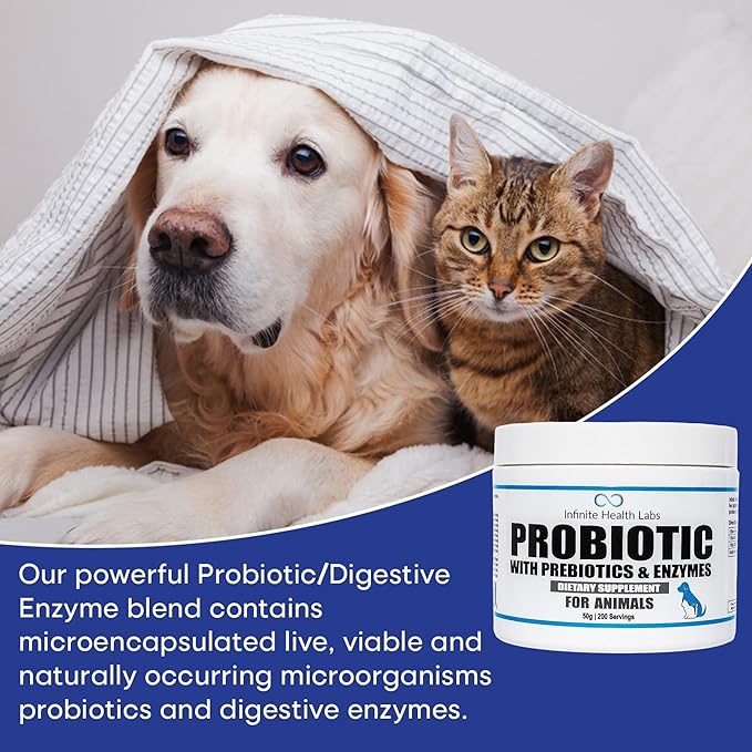 Probiotics for Dogs and Cats - Vet Formulated Pet Prebiotic & Enzyme Powder for Digestive, Gut & Immune Health - 200 Servings (50 g)