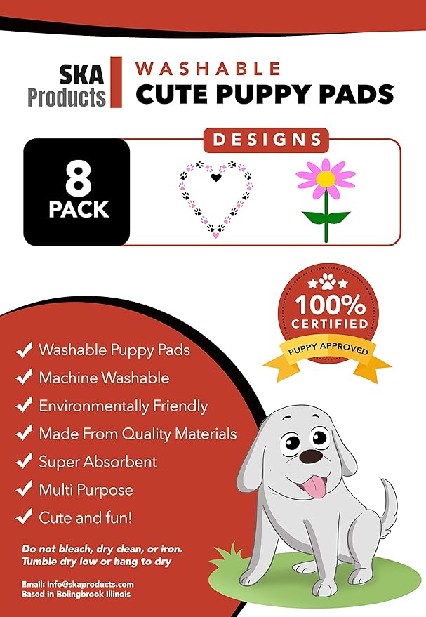 Cute Washable Dog Training Puppy Pee Pads | 8 Pack Flower, Heart | Large Multi-Purpose Reusable Eco Friendly | Super Absorbent Safe Waterproof Bottom Layer | House Breaking, Incontinence, Whelping