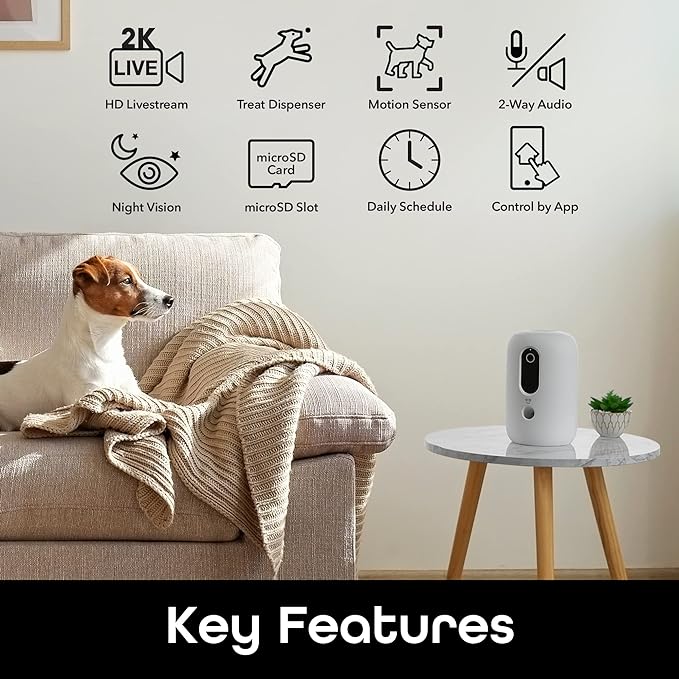 Geeni PetConnect Treat + Cam, Smart Treat Dispenser with Smart Home Pet Camera, Timer & Voice, Automatic Dog or Cat Feeder, Compatible with Alexa & Google