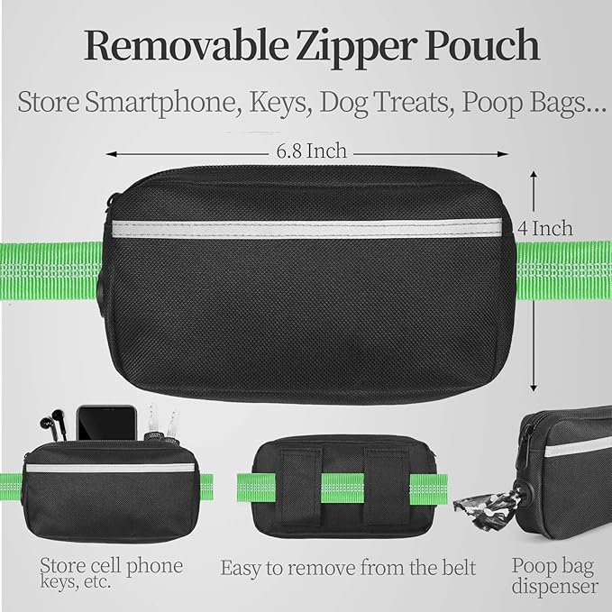 iYoShop Hands Free Dog Leash with Zipper Pouch, Dual Padded Handles and Durable Bungee for Walking, Jogging and Running Your Dog (Large, 25-120 lbs, Emerald)