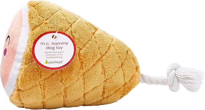 Pearhead Pet M.C. Hammy Plush and Rope Squeaker Dog Toy, Thanksgiving Fall Holiday Ham Pet Toy, Small or Medium Dog Durable Fetch Toy