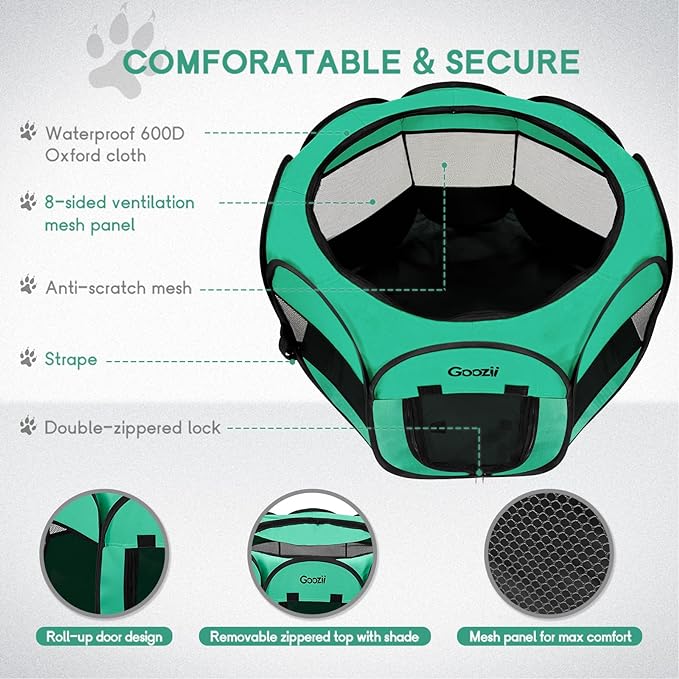 Portable Dog Playpen for Small Dogs Indoor Outdoor, Collapsible Pop Up Puppy Cat Kitten Play Pen Tent Cage Enclosed, Foldable Pet Crate Kennel with Zipper Top Gate for Car Travel - Green