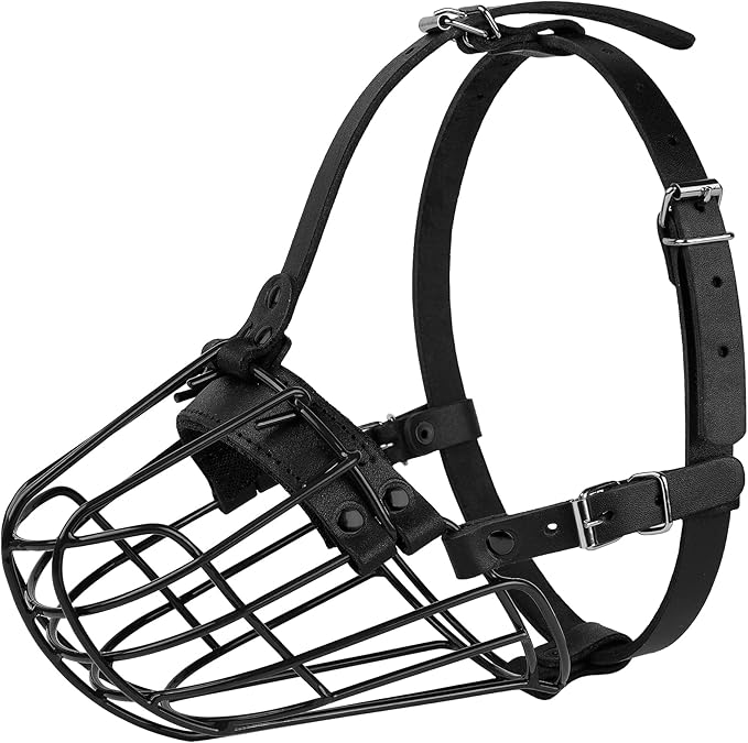 Pitbull Dog Muzzle Metal Mask Amstaff Secure Wire Basket Adjustable Durable Leather Straps for Large Dogs (Black)