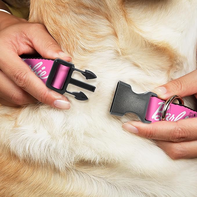 Mattel Dog Collar with Plastic Buckle, Quick Release, Easy Adjustable, Barbie Script Signature Logo Pink White, 9.5 to 14.5 Inches 0.5 Inch Wide