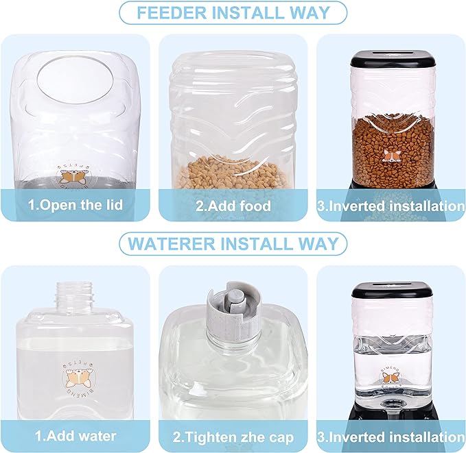 Automatic Dog Cat Gravity Food and Water Dispenser Set with Pet Food Bowl for Small Large Pets Puppy Kitten Rabbit Large Capacity(Black, 3.8L)