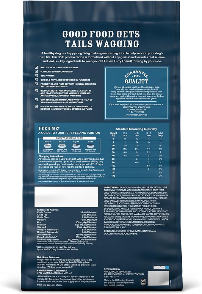 Amazon Brand - Wag Dry Dog Food Grain-Free Salmon & Lentil Recipe, High Protein (24 lb bag)