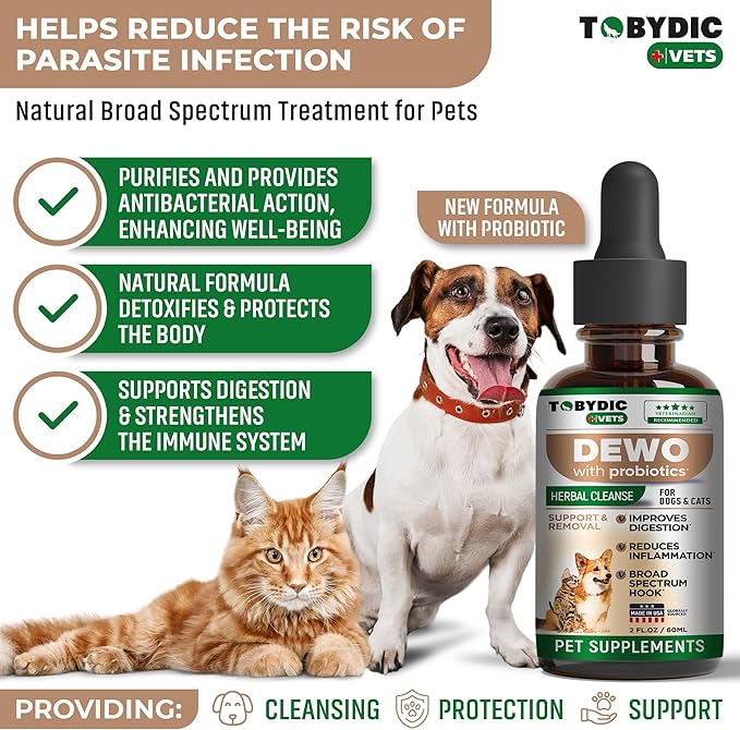 Broad Spectrum Herbal Medicine with Probiotic for Cats & Dogs - Treatment Helps to Remove Tapeworm, Whipworm, Roundworm, and Hookworm - Medication & Supplement Drops - Made in USA