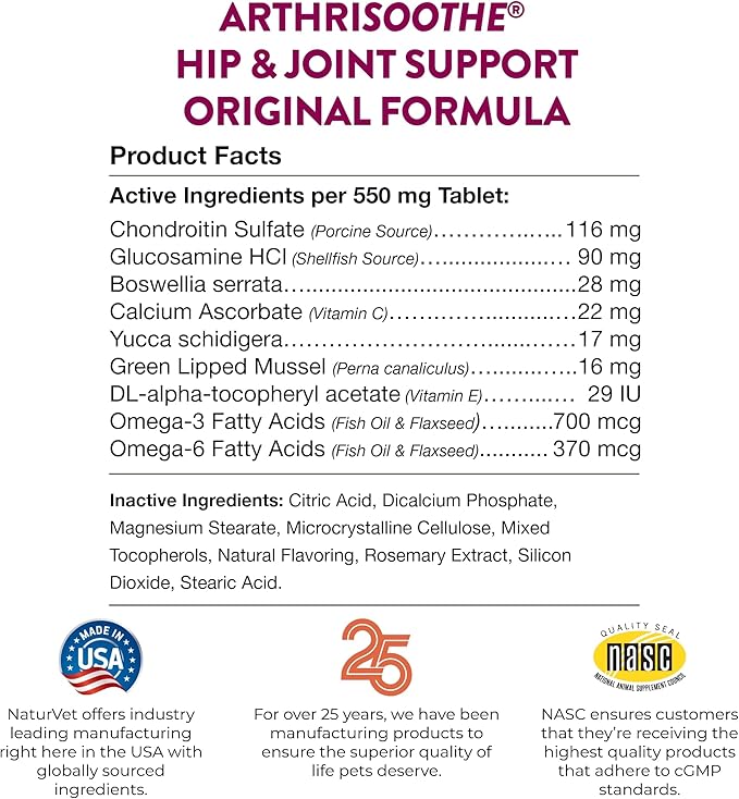 NaturVet ArthriSoothe Hip & Joint Formula Pet Supplement for Dogs & Cats – Includes Glucosamine, MSM, Chondroitin, Boswellia, Green Lipped Mussel – Supports HIPS, Joints – 500 Ct.