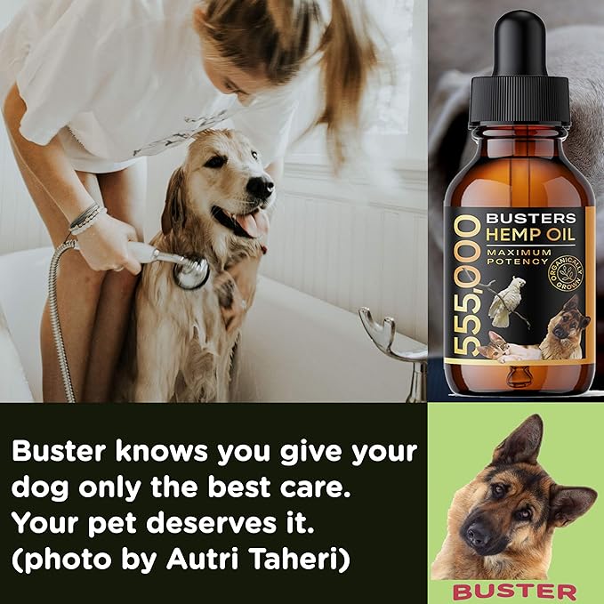 2-PACK Buster's Organic Hemp Oil for Dogs & Pets, 4-MONTH Supply, Large 60ml Bottles, 555,000 Max Potency, Joint Relief, Calming, Miracle Formula, Perfectly Balanced Omega 3, 6, 9, USA