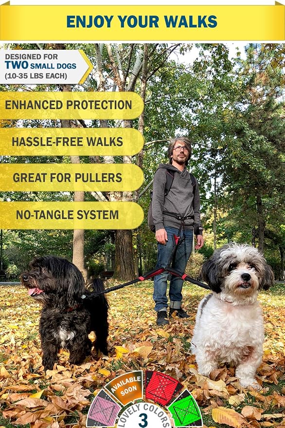 Exquisite Hands Free Double Dog Leash for Small Dogs | Dual Dog Leash | Two Dog Leash No Tangle | Multiple Dog Leash for 2 Dogs | Double Leash | Leash Splitter | Double Clip Leash Coupler