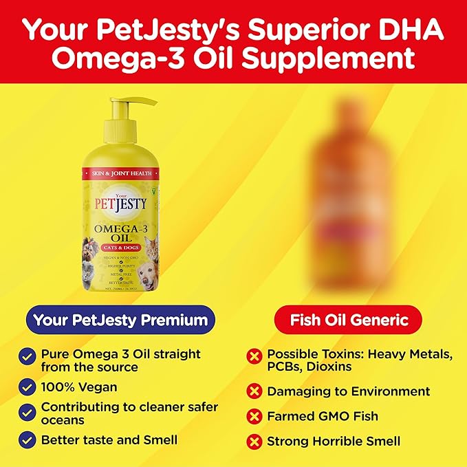 PetJesty Pure Omega 3 Oil for Dogs & Cats 26.39oz - Omega 3 Skin & Coat Support- Liquid Food Supplement for Pets - Vegan pet + DHA for Joint Function, Immune & Heart Health, Non Fish Oil Dog and Cat