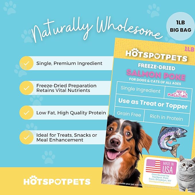hotspot pets Freeze Dried Salmon Treats for Cats & Dogs -Made in USA-1LB BIG BAG -Resealable-Single Ingredient All Natural Grain-Free- Perfect for Training, Topper or Snack (Salmon Poke)